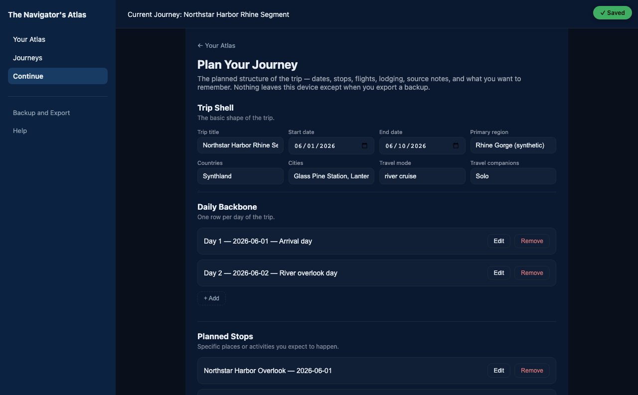 A real Navigator's Atlas planning screen showing a trip named Northstar Harbor Rhine Segment, with trip dates, region, and a Daily Backbone listing two days and their planned stops.
